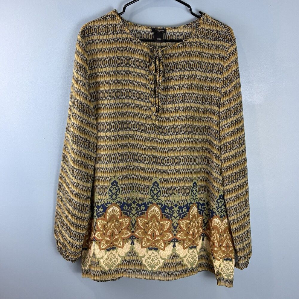 Ann Taylor Women’s Sheer Gold/Blue Tie Front Blouse Size Large